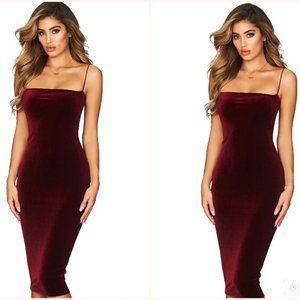 Crimson Spaghetti Straps Velvet Midi Dress